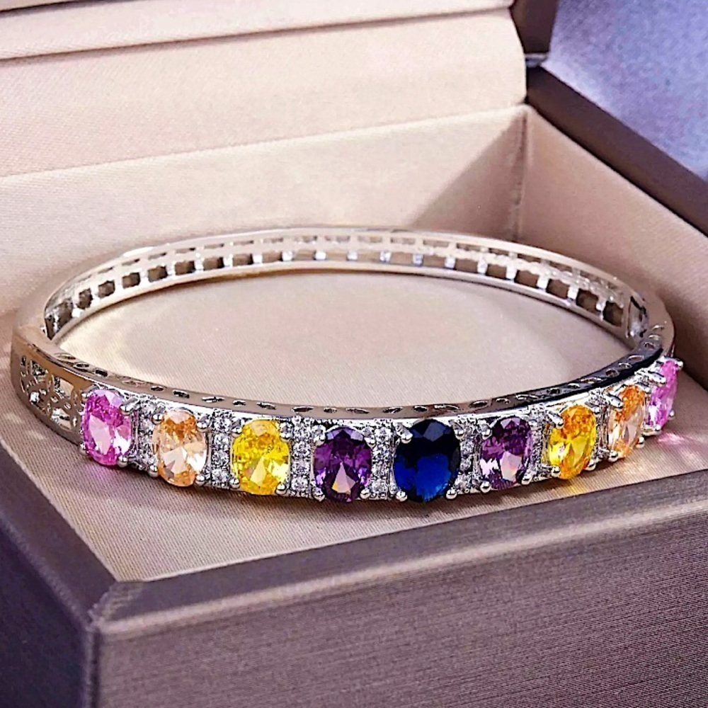 Multicolor Cubic Zirconia Sterling Silver Bangle Bracelet
